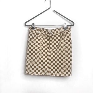 Madewell Daisy Checkered Print Denim Skirt Brown Cream Size 32 NWOT